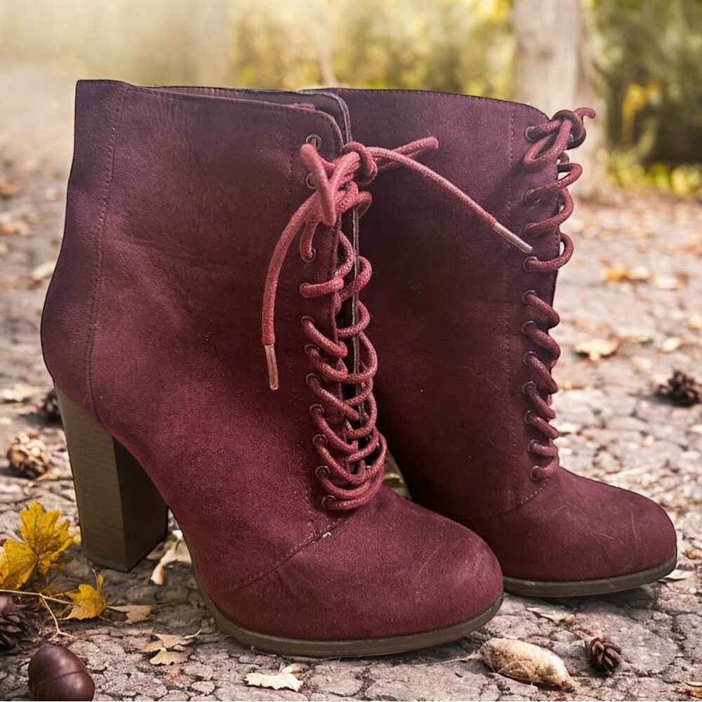 JustFab Burgundy Lace-Up Suede Ankle Booties